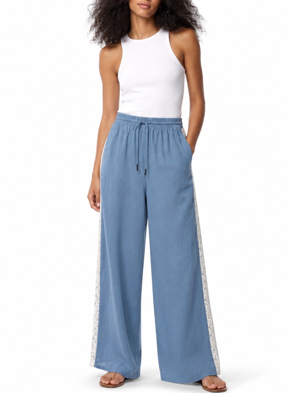 Caroline Constas Blue Linen Blend Wide Leg Pants Lace Trim Drawstring NWT Size S